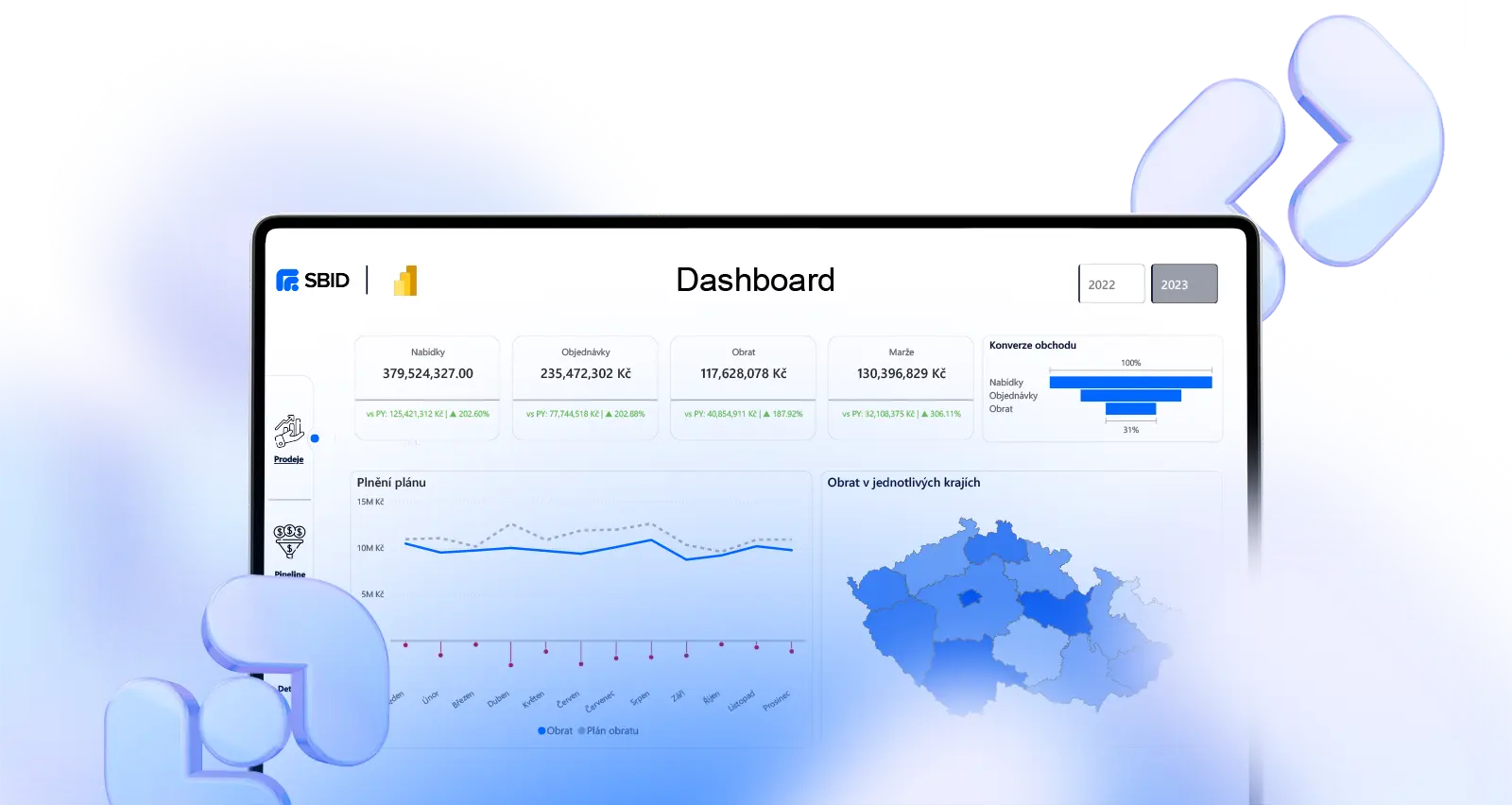 Ukázka Power BI dashboardu na notebooku